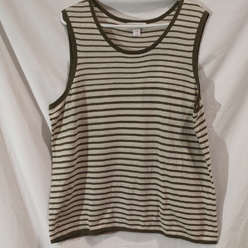 CJ Banks | Linen Blend Olive Natural Stripe Sleeveless Knit Top | 2X